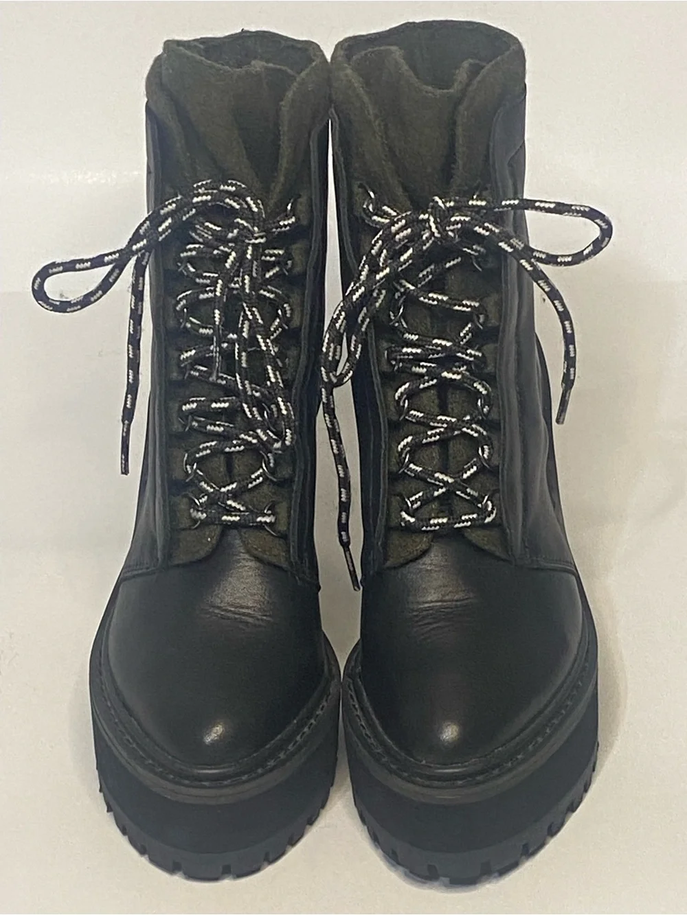 Shellys London Celee Leather Platform Lug Heel Boots Black Olive 6.5